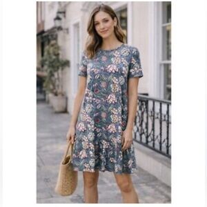 Loft Floral Flounce Swung Steel Blue Dress NWT Sz XL  Ret $60. Great for Travel